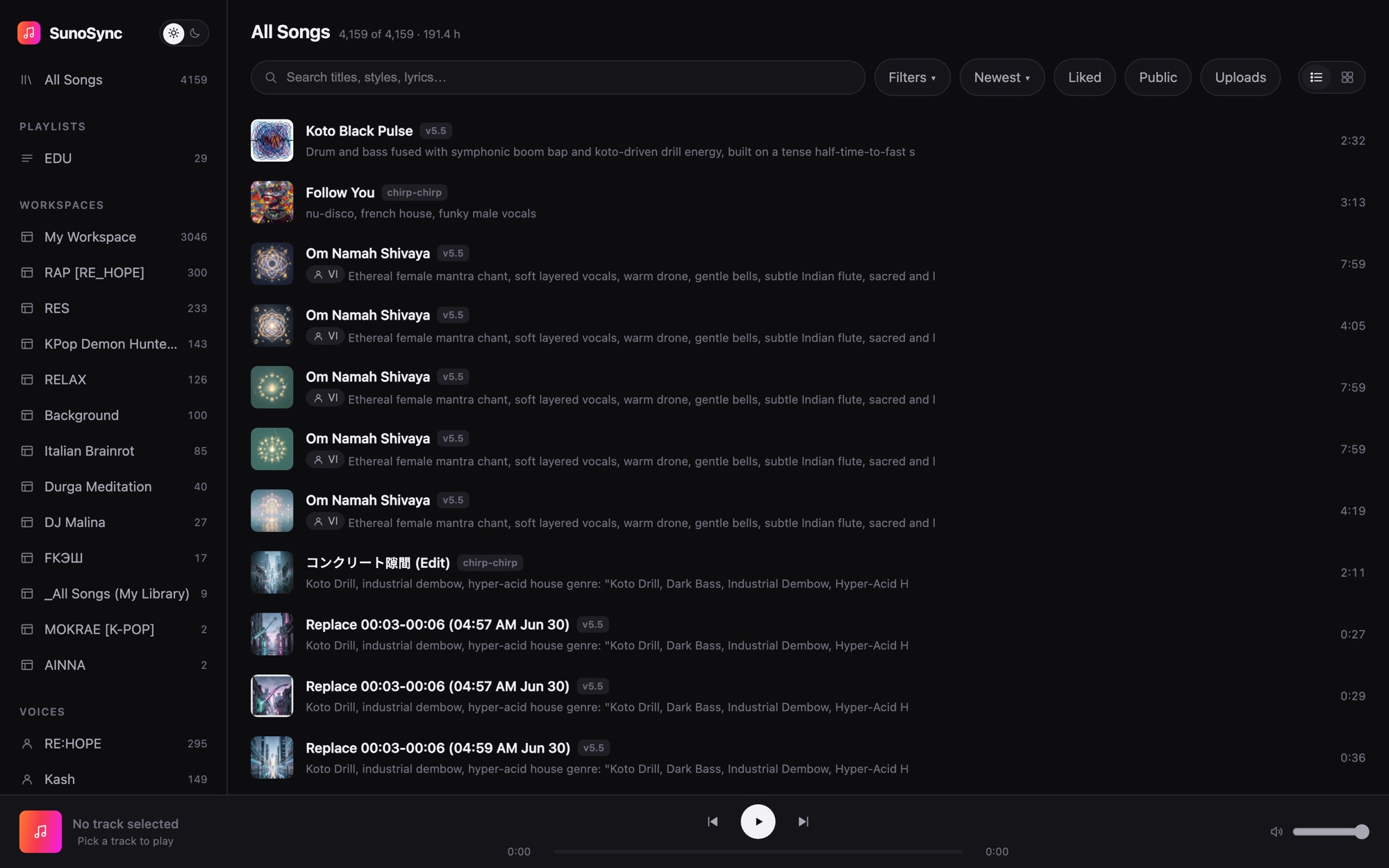 The SunoSync catalogue open on a real library: 4,159 tracks, workspaces and
                  playlists down the left, covers and styles beside every row.